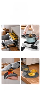 Detailed view of grey silicone oven mitts and round trivet set in kitchen scenes