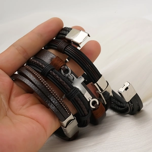 Men's multilayer leather anchor bracelet with vintage woven layers and metal buckle