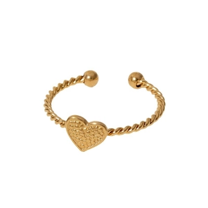 Adjustable gold plated stainless steel heart open ring with twisted rope band design