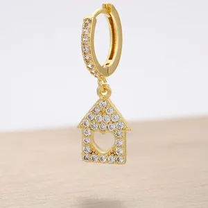 Elegant gold-tone brass house charm hoop earrings micro-paved with sparkling cubic zirconia