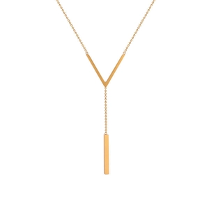 Minimalist gold V-shape pendant necklace with long vertical bar on a thin bead chain