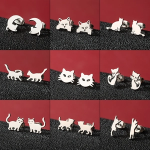 Cat Stud Earrings Stainless Steel Cute Minimalist Animal Moon Kitten Silhouette Jewelry For Women Girls