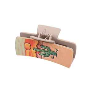 Western style square hair claw clip with desert cactus pattern for women on white background