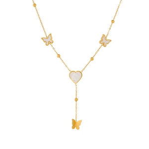 Detail of gold-plated Y-shaped necklace with white shell butterflies and heart pendant