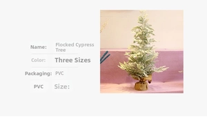 Detail of flocked cypress Christmas tree with rustic burlap base and size specifications