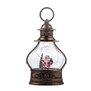 Retro bronze Christmas lantern with LED lights, Santa Claus, and tree models inside