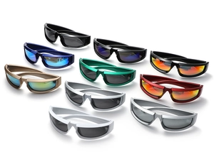 Matrix display of colorful wraparound sports sunglasses for outdoor cycling and athletics