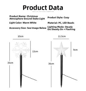 Detail showing dimensions and specs of snowflake and star LED solar garden stake lights