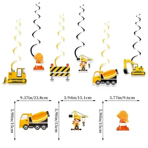 Detailed size chart for construction party decorations including crane and mixer truck