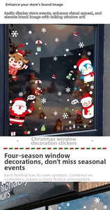 Detailed Christmas window stickers showing Santa Claus, reindeer, and snowflakes on glass