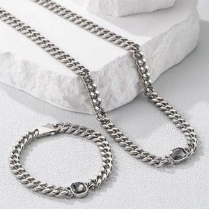 Cuban Link Necklace And Bracelet Titanium Steel With Gray Gemstone Hip Hop Style Geometric Jewelry For Men Women