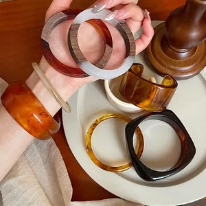 Retro Resin Bangle Bracelets Geometric Chunky Tortoiseshell Pattern Marbled Acetate Wood Patchwork For Women Jewelry