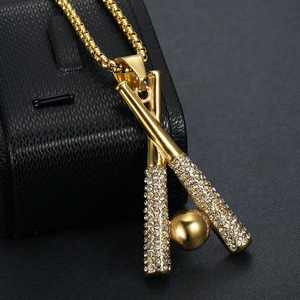 Hip hop iced out baseball bat and ball pendant necklace in gold stainless steel