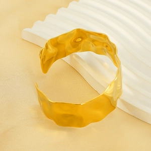 Hammered texture 18K gold plated wide open cuff bracelet with wavy edges for women