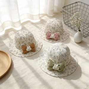 Chapeau Bob Bébé Fille Imprimé Fleuri Protection Solaire Large Bord Avec Grand Nœud Et Décor Lapin Coton Toddler Cap