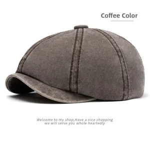 Detail view of coffee-colored washed cotton newsboy hat showing retro stitching and texture