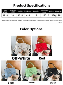 Detailed dimension guide and five color options for this stylish minimalist square handbag