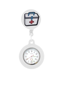 Dettaglio dell'orologio da infermiera in silicone bianco con clip medica e quadrante luminoso