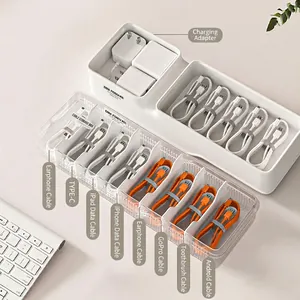 Minimalist multi-compartment cable organizer box for tidy desk storage of charging cords