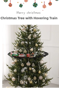 Suspended Christmas tree train track set with Santa locomotive and festive rail cars