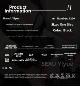 Detailed size chart for black lace teddy lingerie showing material and washing guide