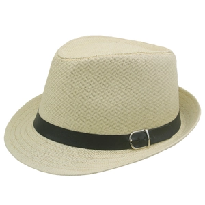 Summer cream straw jazz fedora hat with black leather band and silver buckle