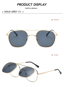 Close-up of golden metal flip-up sunglasses with dark grey lenses in dual perspectives
