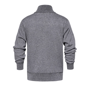 Back view of men's heather grey thick knit cardigan with lapel collar and ribbed cuffs