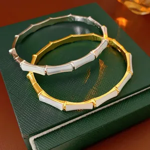 Bamboo Joint Bangle Real Gold Plated Copper Bracelet With Mother Of Artificial Pearl Inlay New Chinese Style Minimalist Fashion Jewelry