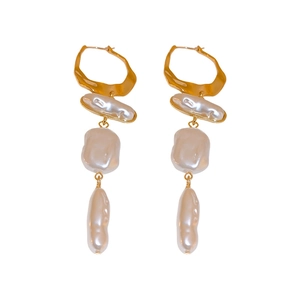 French baroque irregular pearl tassel earrings in gold plating with linear drop design