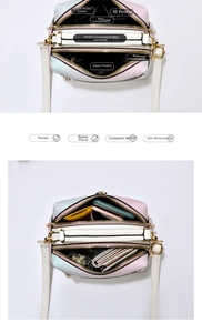 Detail view of macaron gradient crossbody bag showing multi-layer zipper interior and storage