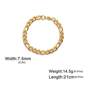 Detail of 7.5mm gold Figaro chain bracelet with precise dimensions and weight specs