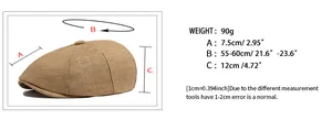Size guide for khaki straw newsboy cap with detailed brim height and circumference specs