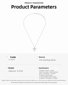 Detailed specs of S925 silver cross necklace with 5A zircon and 45cm chain dimensions