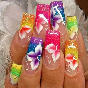 Press On Nails Colorful Gradient Glitter White Flower Pattern Coffin Shape With Jelly Glue And Nail File For Women