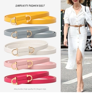 Close-up of colorful PU leather belts featuring golden Gancini style horsebit buckles