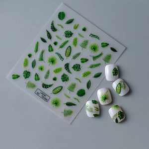 Tropical green leaves 5D embossed nail stickers featuring palm and monstera designs