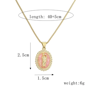 Detail view of gold-plated necklace with pink oval pendant and measurement specs