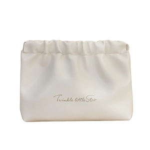 White ruched PU leather cosmetic bag with Twinkle little Star text for travel storage