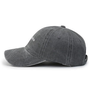 Vintage dark grey washed cotton baseball cap with side embroidery and adjustable buckle