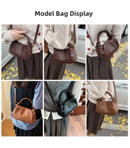 Vues détaillées des sacs à main plissés en marron foncé, marron clair et couleur noire