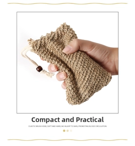 Close-up of a natural jute soap bag with a white drawstring and a decorative wooden bead