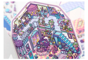 Detail of cartoon 2.5D PET sticker showing a miniature pink piano room scene with 3D layers