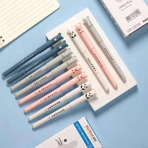 Close-up of 0.35mm erasable gel pens with cute cartoon animals and Chinese text prints