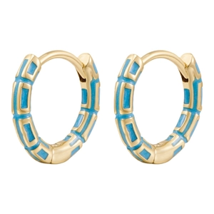 Elegant gold hoop earrings with light blue enamel inlay and minimalist geometric design