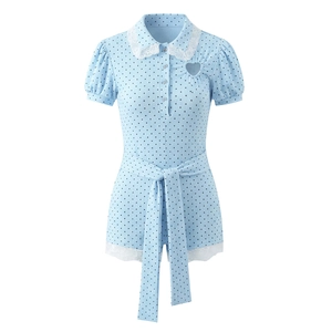 Polka Dot Romper Light Blue Lace Collar Heart Cutout Short Sleeve Self Tie Sweet Short Jumpsuit Women