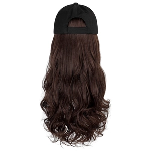 Detail view of adjustable black baseball cap with integrated long wavy brown synthetic hair