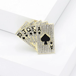 Gold-plated royal flush poker brooch featuring sparkling crystals and black enamel details