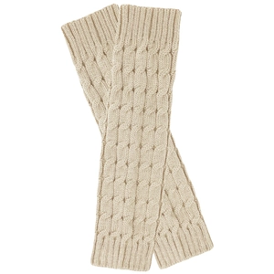 Close-up of beige knit leg warmers with classic cable knit pattern on white background