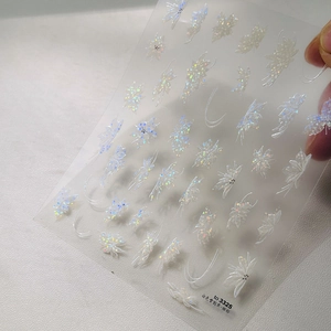 Macro detail of 3D iridescent laser nail stickers with white embossed floral patterns